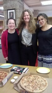Cluedo and pizza! L-R: Elaine Reid (marketing manager); Susan Kemp (that's me!); Nadia Suchdev (Sales and marketing assistant)