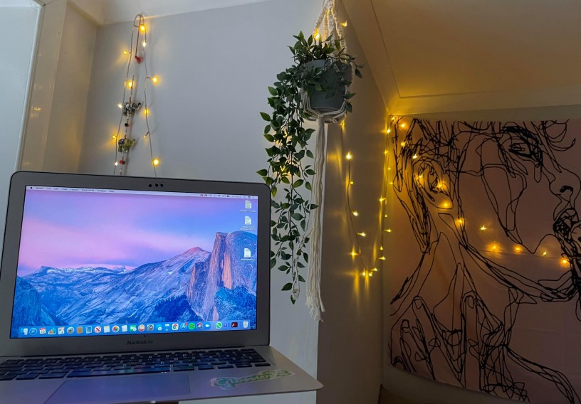 Laptop with macrame holder with plant, fairy lights and tapestry in backgrounbd.