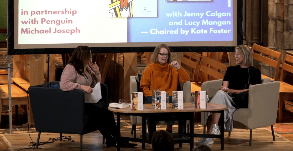 Image shows speakers sitting at the panel from left to right: Kate Foster (chair), Lucy Magnan, Jenny Colgan
