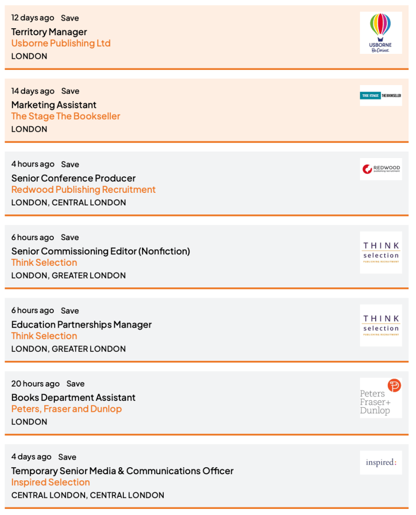 Screenshot of job listings on The Bookseller.